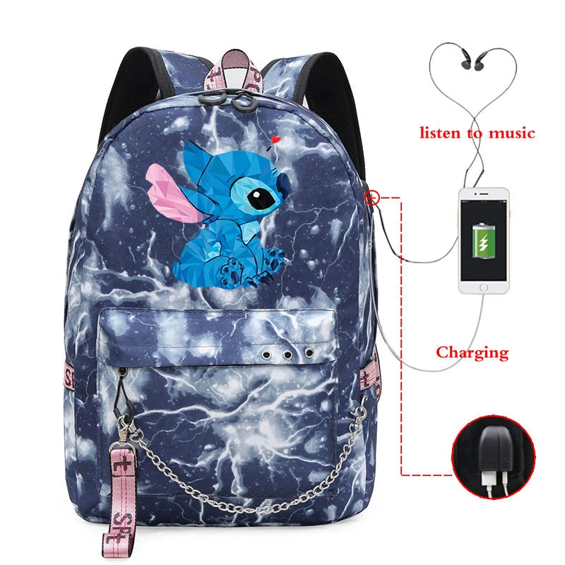 Stitch Woman Backpack USB Charging School Bags Travel Laptop Mochila Escolar