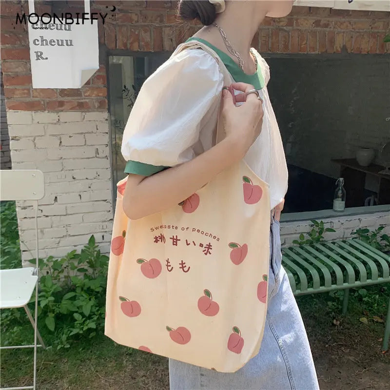 Strawberry Tote Bag Peach Print Eco Shoulder Bags