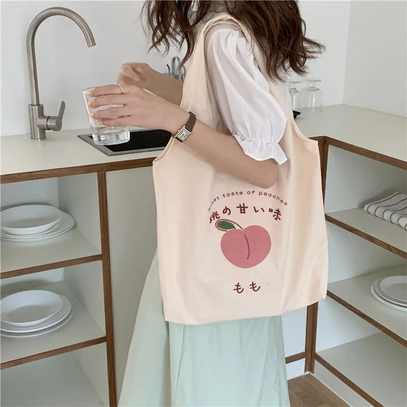 Strawberry Tote Bag Peach Print Eco Shoulder Bags