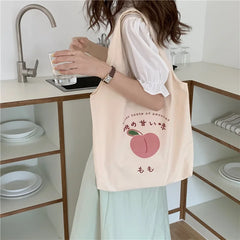 Strawberry Tote Bag Peach Print Eco Shoulder Bags