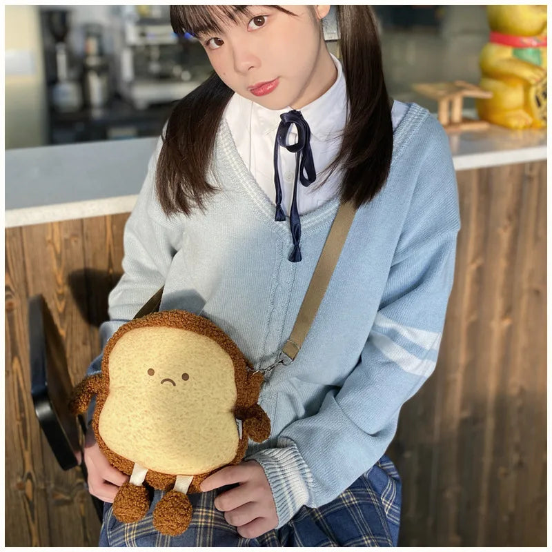 Smiley Toast Bread Crossbody Bag Plush Cartoon Girls Purses Handbags