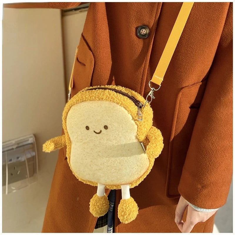 Smiley Toast Bread Crossbody Bag Plush Cartoon Girls Purses Handbags