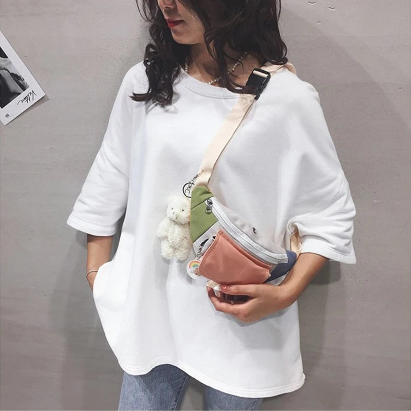Canvas Patchwork Fanny Pack for Women Crossbody Chest Bag