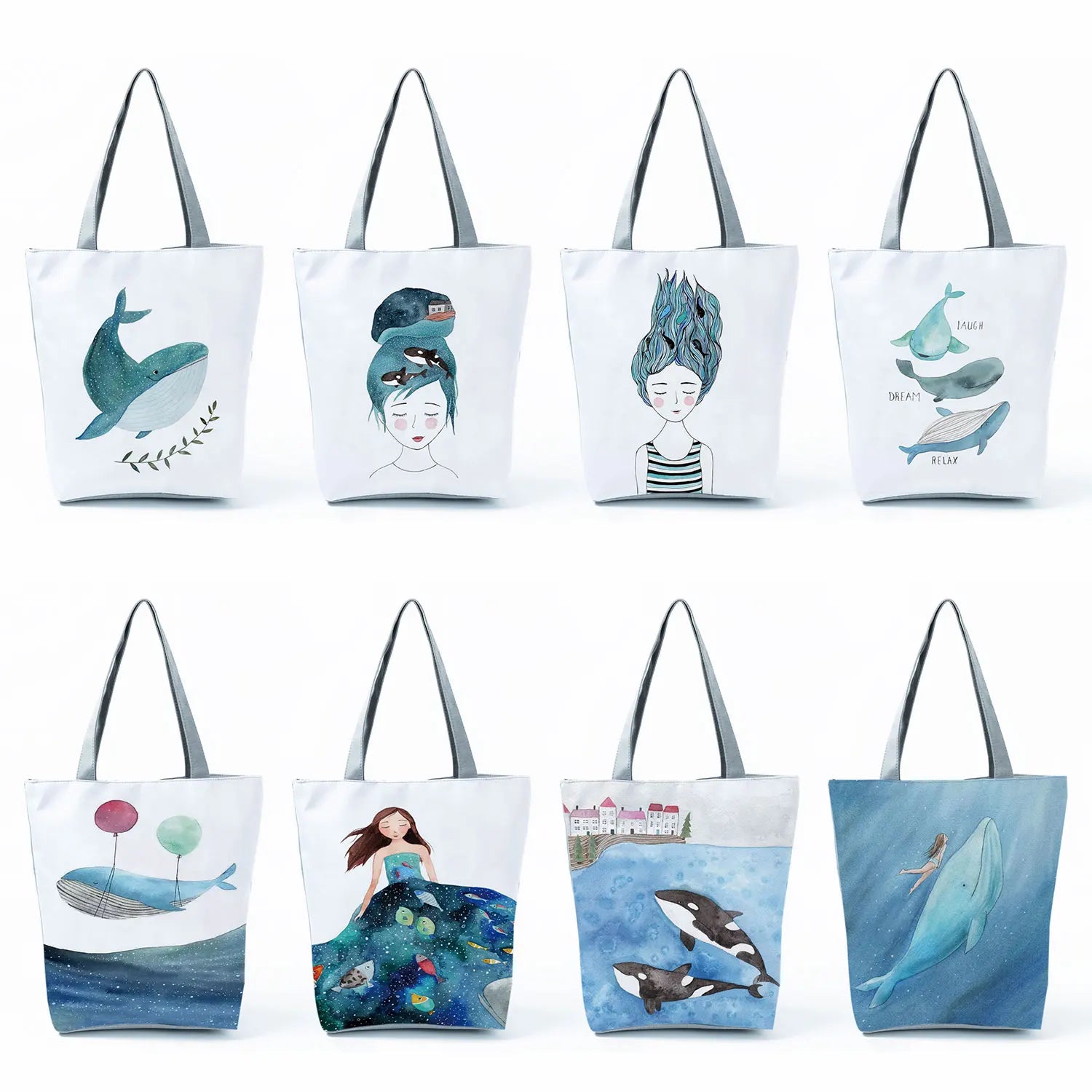 Whale Sea Series Printed Shopper Bag Ocean Women Handbags Large Capacity Totes