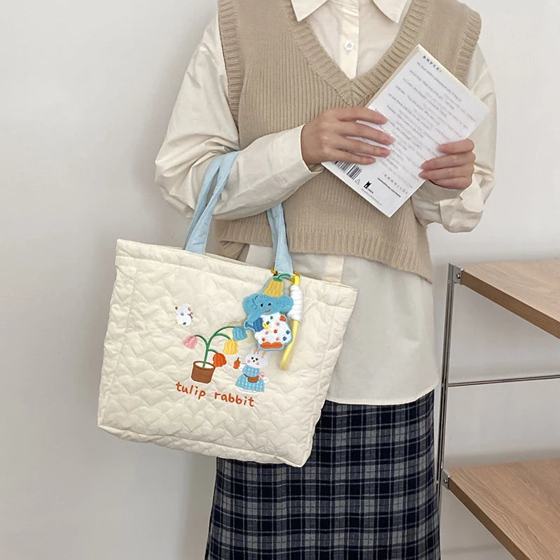 Embroidered Rabbit Shoulder Bag Sweet School Bag Large Capacity Shopping Bag