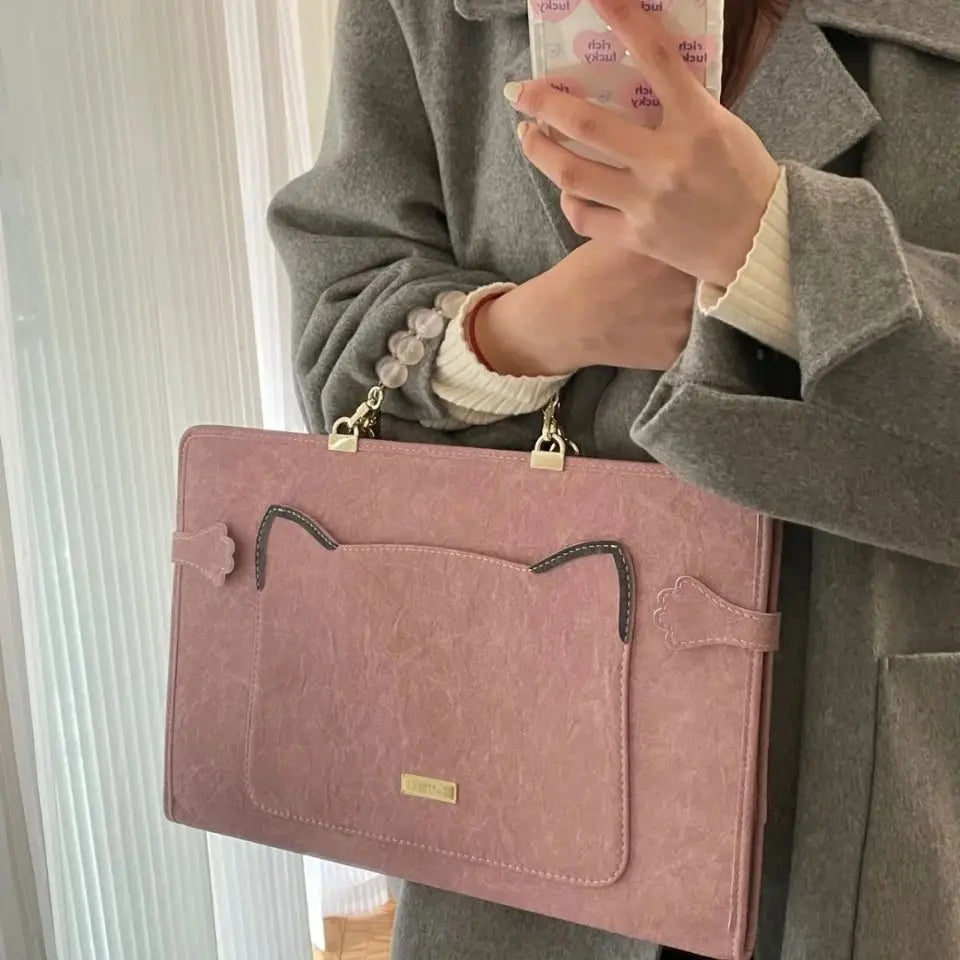 Women Girl Pink Cat Laptop Bags Briefcase Sweet Computer Case Handbags