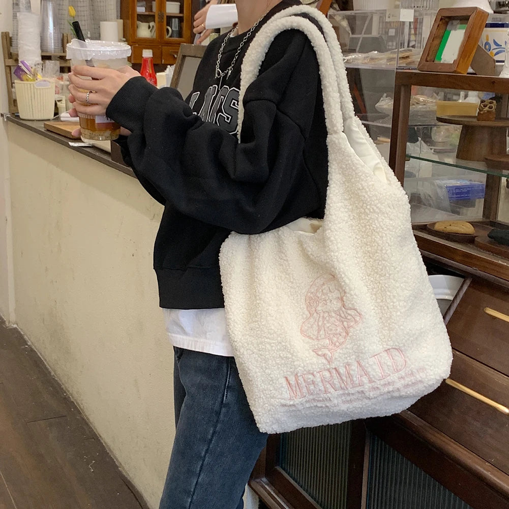Winter Plush Shoulder Bag Girls Cartoon Embroidery Tote Bag