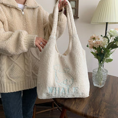 Winter Fleece Plush Shoulder Bag - Girls Cartoon Embroidery Tote Bag