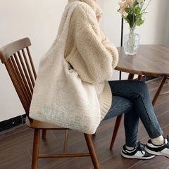 Winter Fleece Plush Shoulder Bag - Girls Cartoon Embroidery Tote Bag