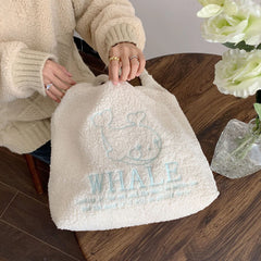 Winter Fleece Plush Shoulder Bag - Girls Cartoon Embroidery Tote Bag