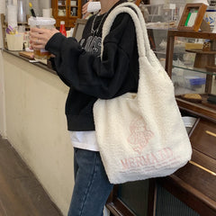 Winter Fleece Plush Shoulder Bag - Girls Cartoon Embroidery Tote Bag