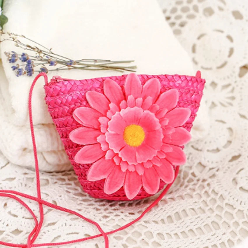 Japanese Flower Straw Bag Mini Messenger Woven Bag Shoulder Women's Purse