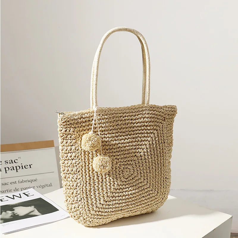 Large Capacity Hand-Woven Wild Straw Bag Beach Shoulder Handbag