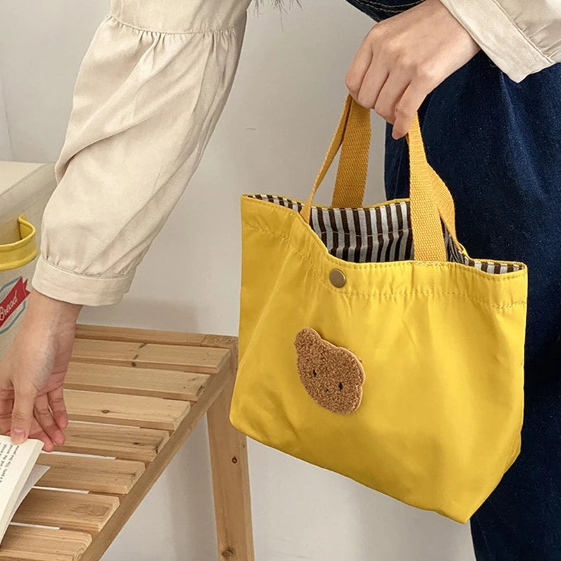 D0LF Cute Bear Lunch Bag Plaid School Bag for Girls