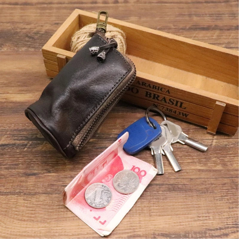 D0LF Vintage Leather Car Key Holder Zipper Wallet Organizer