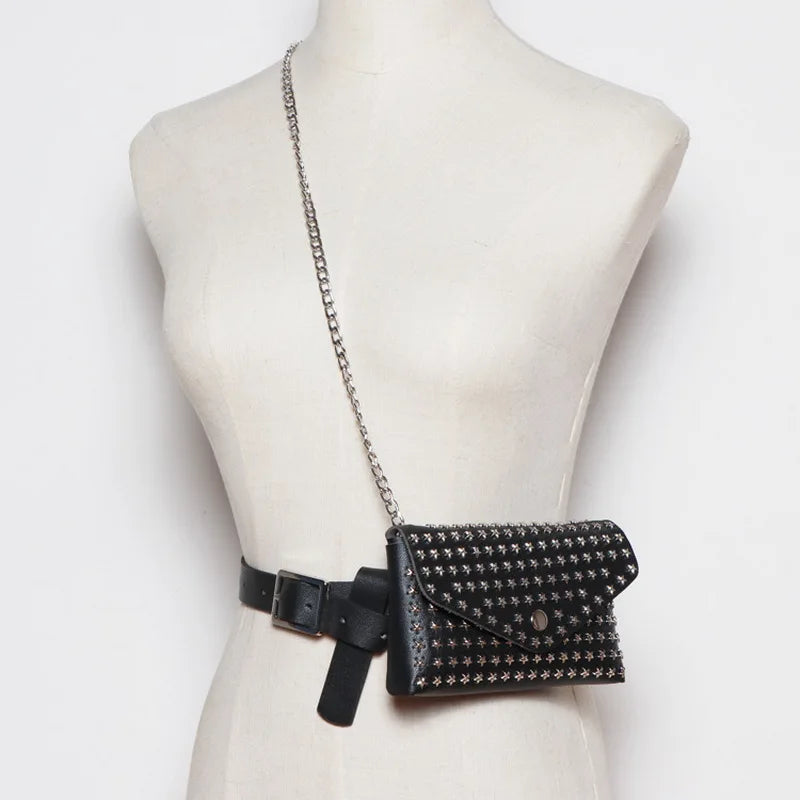 Rivet Belt Bag Leather Fanny Pack Small Waist Bags Punk Purse ZM0768