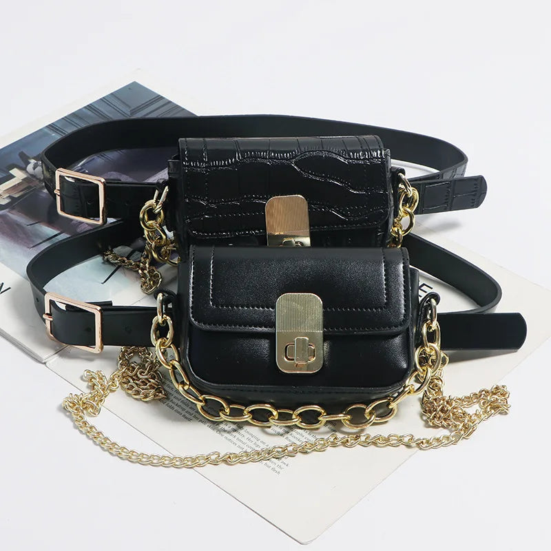 Crocodile Pattern Women's Waist Bag Chain Crossbody Bag Phone Purse