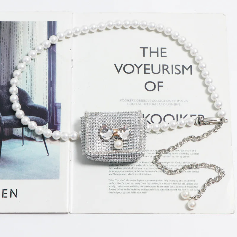 Pearl Chain Fanny Pack for Women Lipstick Mini Bag Rhinestone Belt Bag