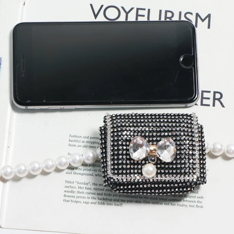 Pearl Chain Fanny Pack for Women Lipstick Mini Bag Rhinestone Belt Bag