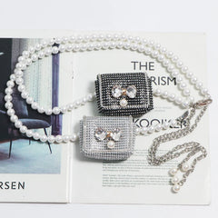 Pearl Chain Fanny Pack for Women Lipstick Mini Bag Rhinestone Belt Bag