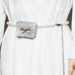 Pearl Chain Fanny Pack for Women Lipstick Mini Bag Rhinestone Belt Bag