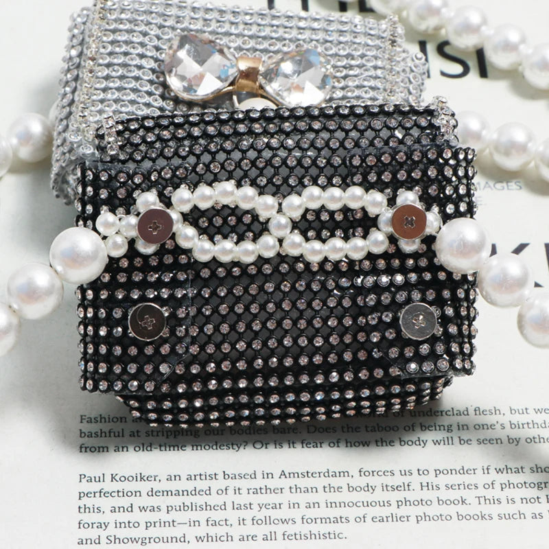 Pearl Chain Fanny Pack for Women Lipstick Mini Bag Rhinestone Belt Bag