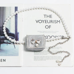 Pearl Chain Fanny Pack for Women Lipstick Mini Bag Rhinestone Belt Bag