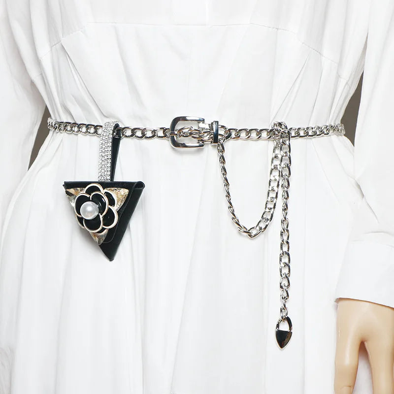 Metal Chain Waist Bag with Rhinestone Bag Red Small Belt Bag