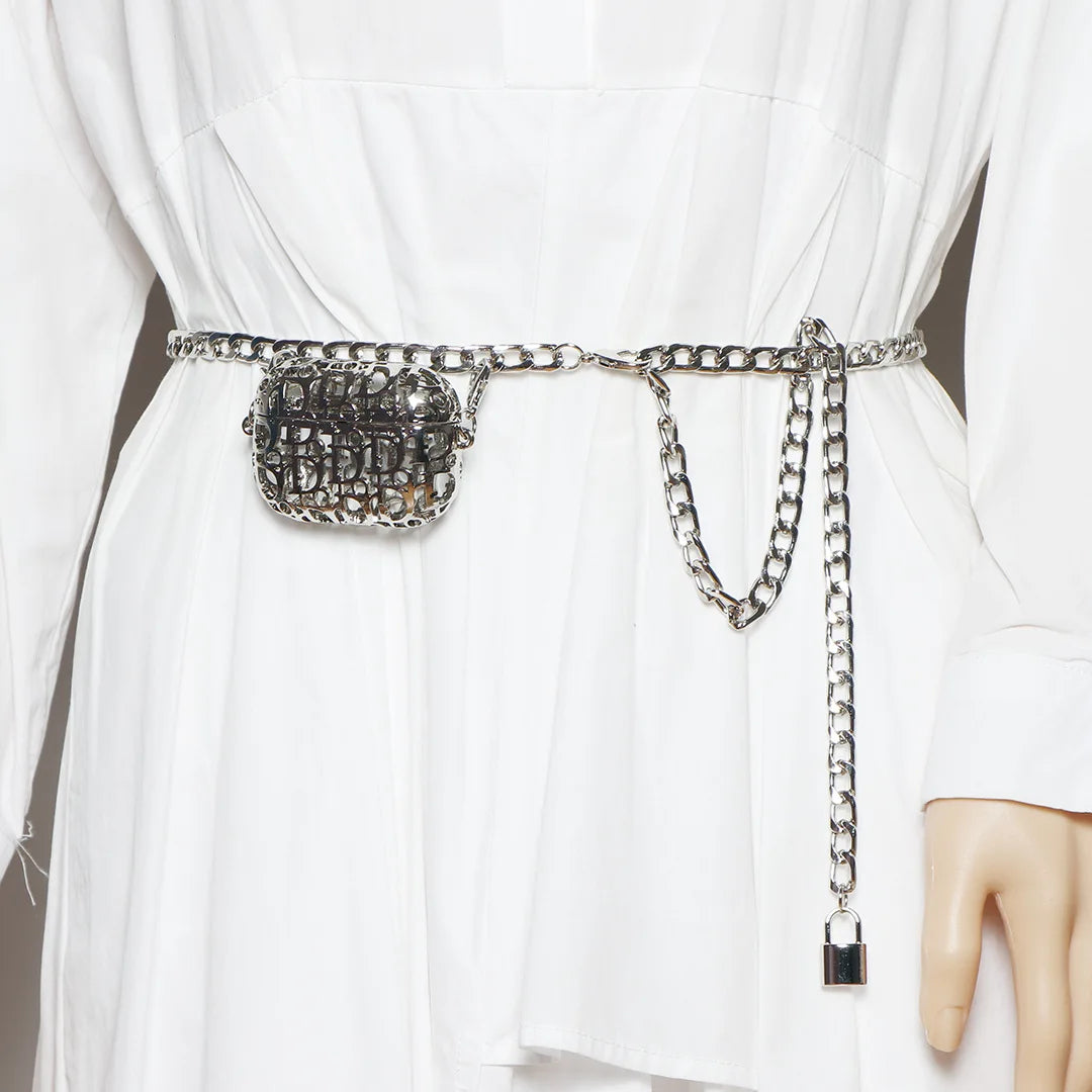 Metal Hollow Out Waist Bag Mini Chain Belt Handbag