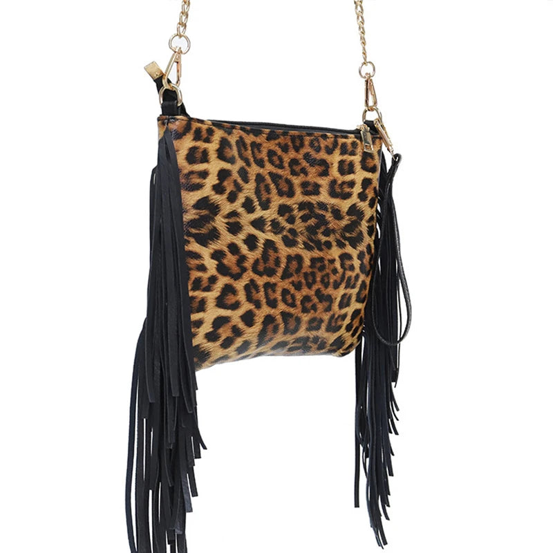 Leopard Crossbody Bags for Women Tassel Clutch Ladies Shoulder Messenger Bag