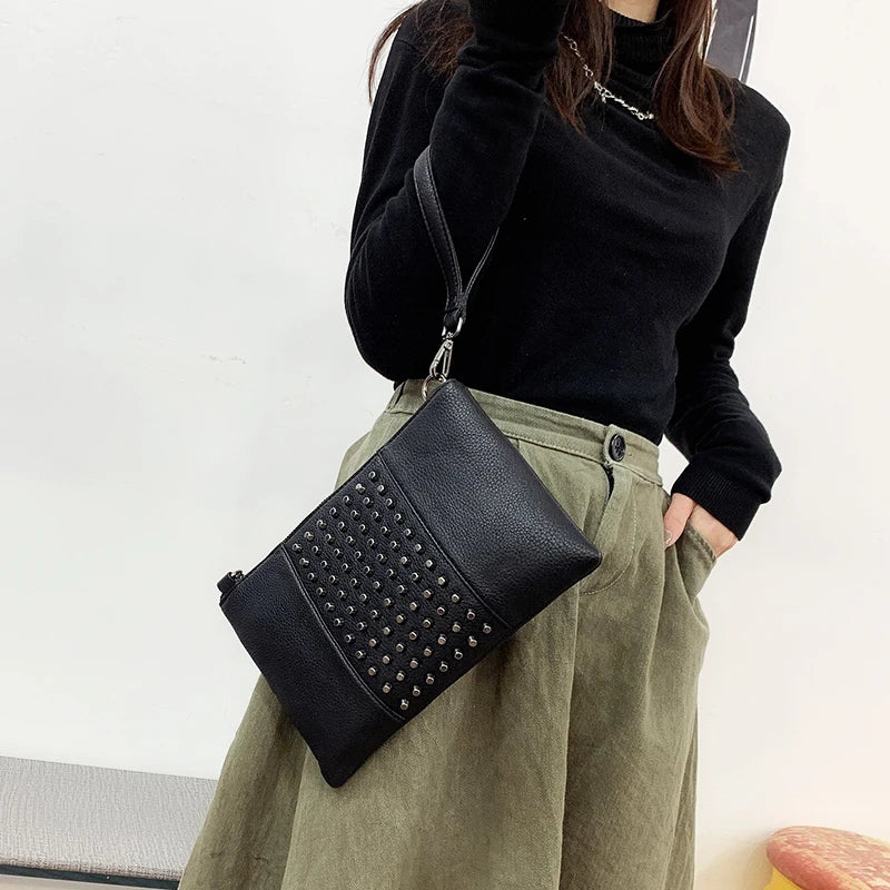 Punk Rivets Clutch Shoulder Bag Large Capacity Handbag Women's Purse