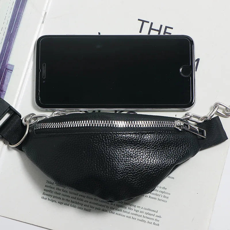 Soft Leather Waist Bag Metal Chain Sling for Women Crossbody Bags