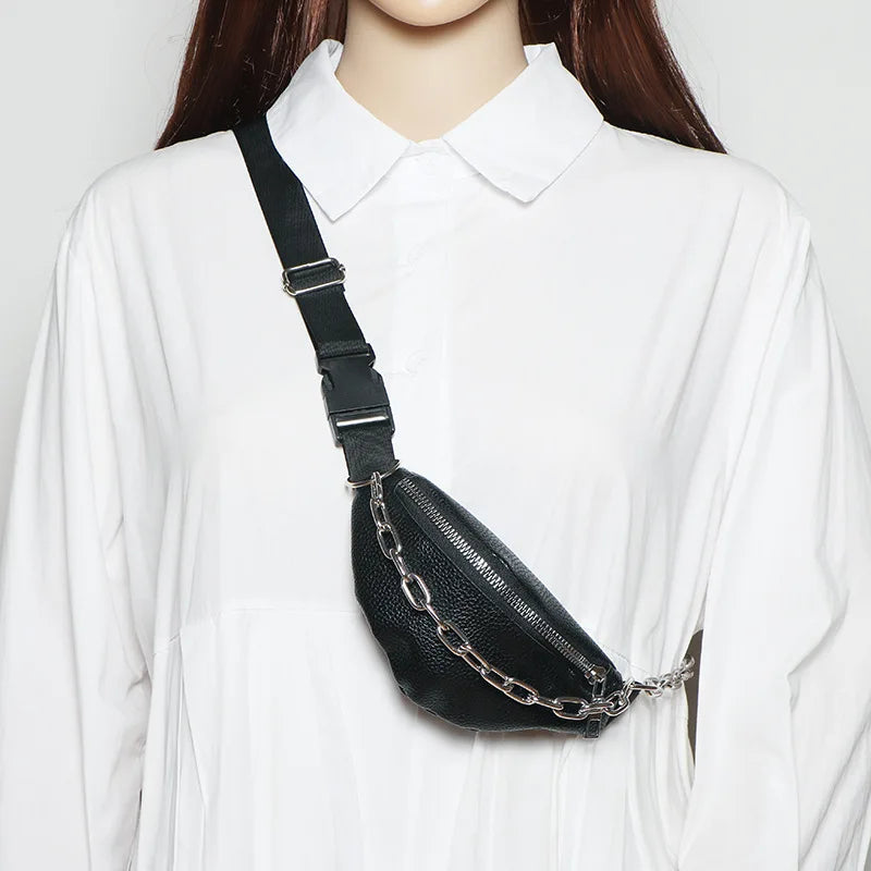 Soft Leather Waist Bag Metal Chain Sling for Women Crossbody Bags
