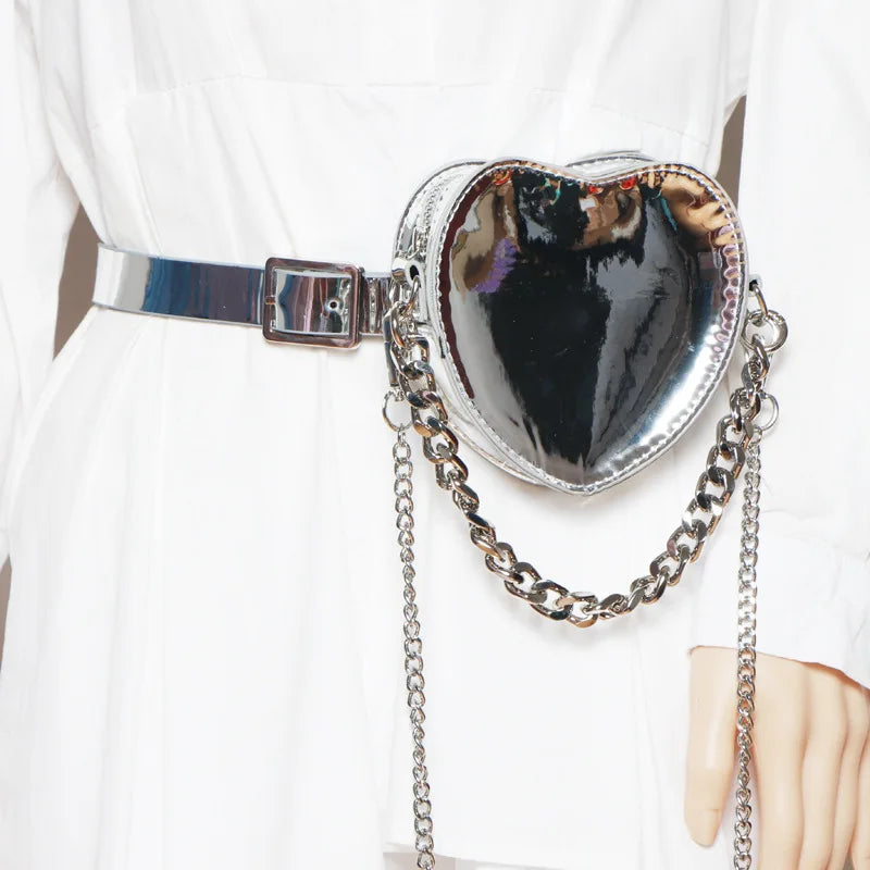 Silver Heart Shape Fanny Packs Chain Shoulder Messenger Lipstick Bag ZM1193