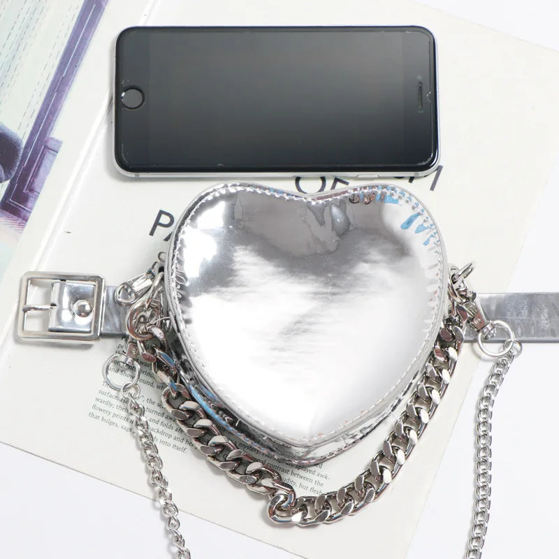 Silver Heart Shape Fanny Packs Chain Shoulder Messenger Lipstick Bag ZM1193