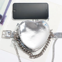 Silver Heart Shape Fanny Packs Chain Shoulder Messenger Lipstick Bag ZM1193