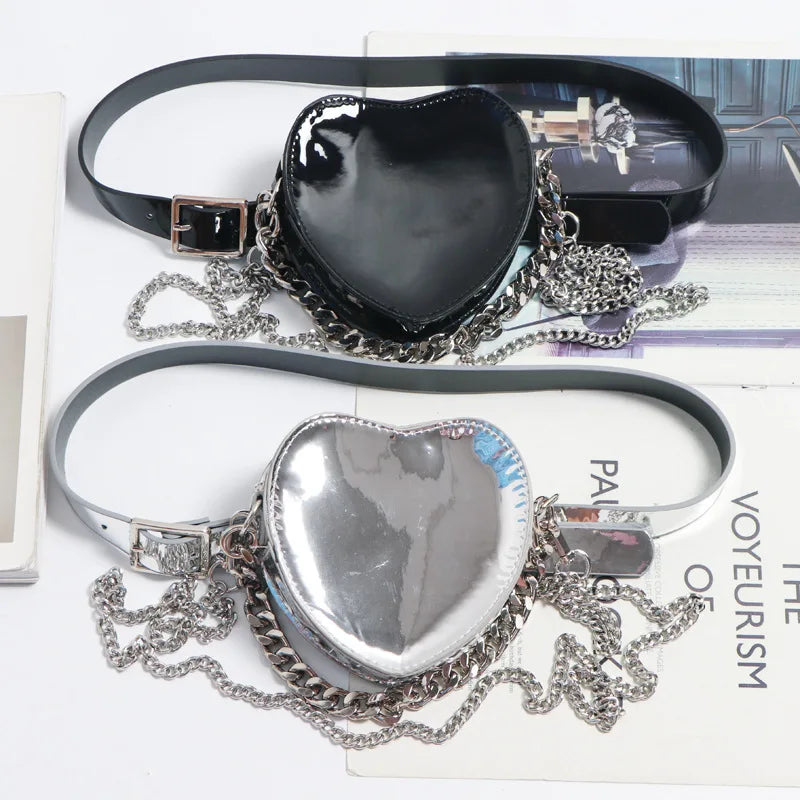 Silver Heart Shape Fanny Packs Chain Shoulder Messenger Lipstick Bag ZM1193