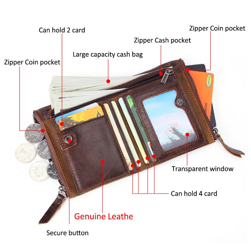 Real Cow Leather Men Wallets Trifold Short Purse Small Slim