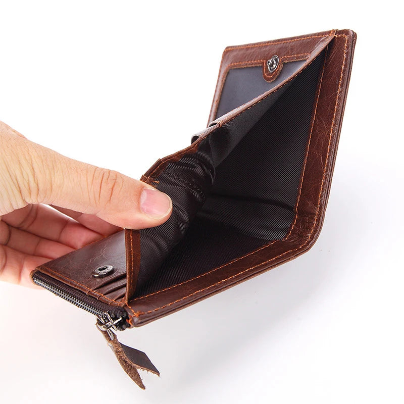 Men's Leather Wallet Money Pocket Brown Short Purse Small