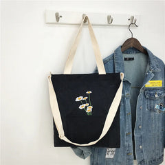 Women Corduroy Shoulder Bag Ladies Bag Foldable Shopping Bags Embroidery