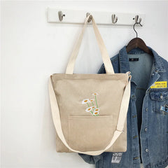 Women Corduroy Shoulder Bag Ladies Bag Foldable Shopping Bags Embroidery