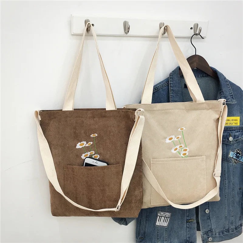 Women Corduroy Shoulder Bag Ladies Bag Foldable Shopping Bags Embroidery