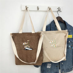 Women Corduroy Shoulder Bag Ladies Bag Foldable Shopping Bags Embroidery