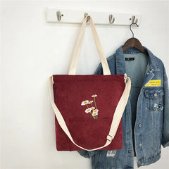 Women Corduroy Shoulder Bag Ladies Bag Foldable Shopping Bags Embroidery