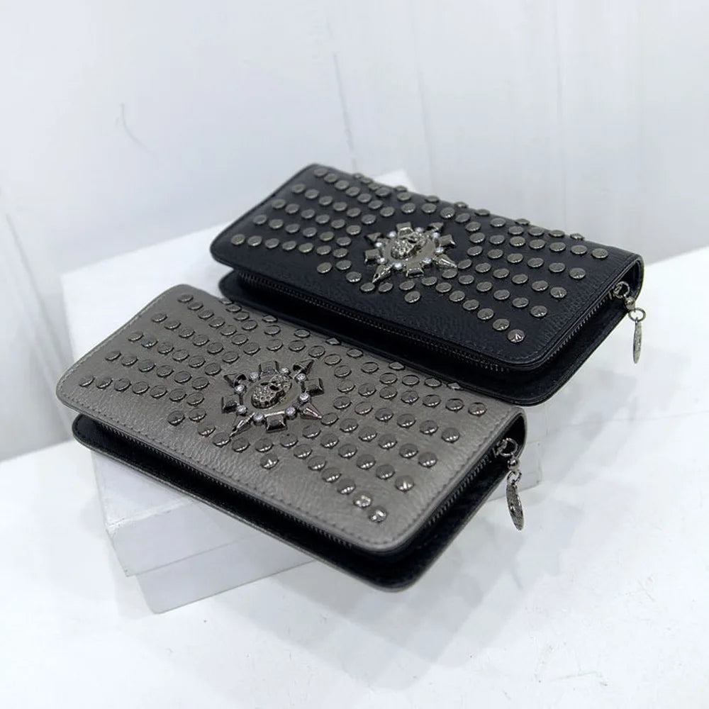 Rock Purse PU Leather Women Wallet Rivet Handbags Punk Female Long Purse