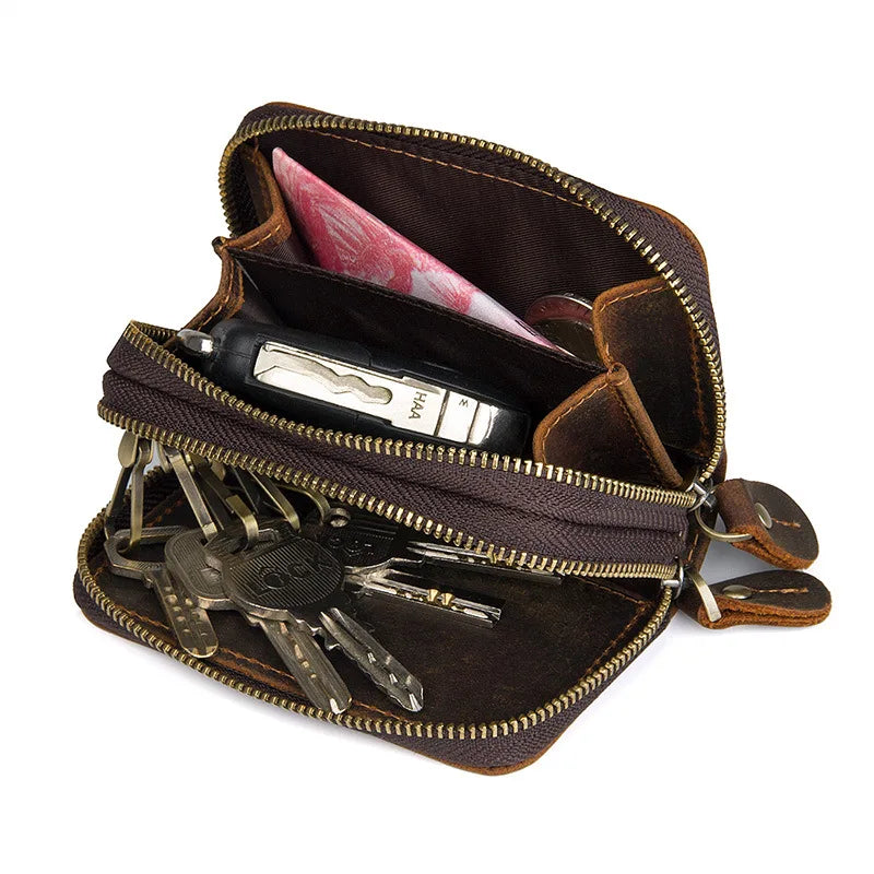 Vintage Leather Key Wallet Women Keychain Copper Zipper Key Bag