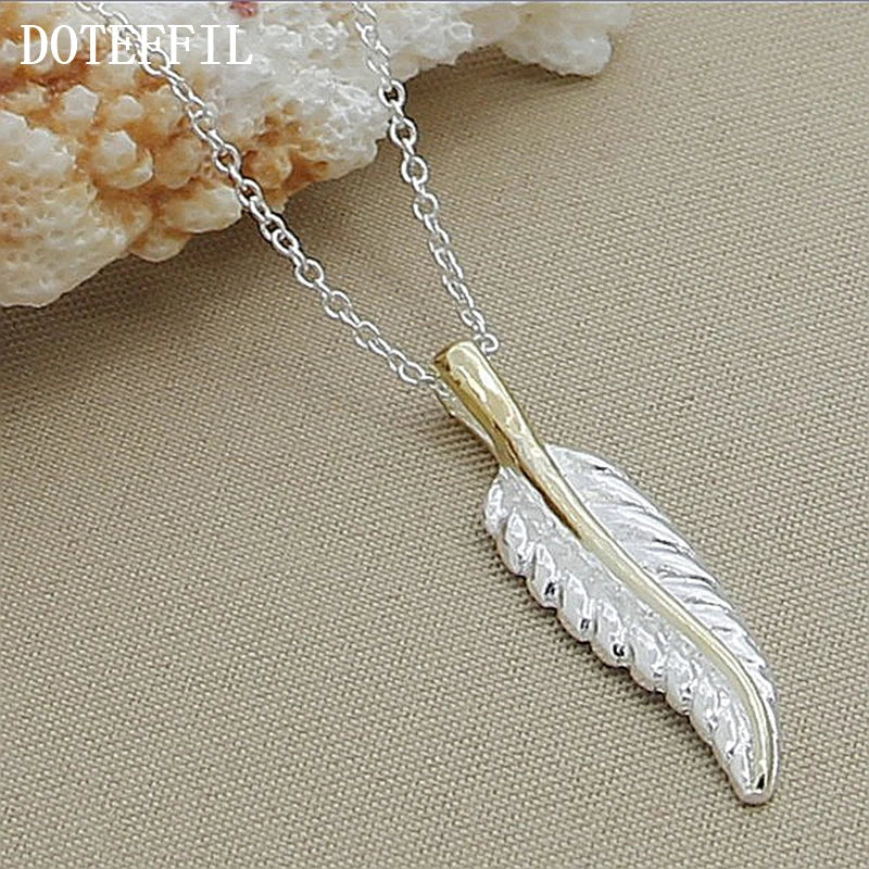 925 Silver Leaves Feather Necklace 18 Inch Chain Women Wedding Engagement Charm