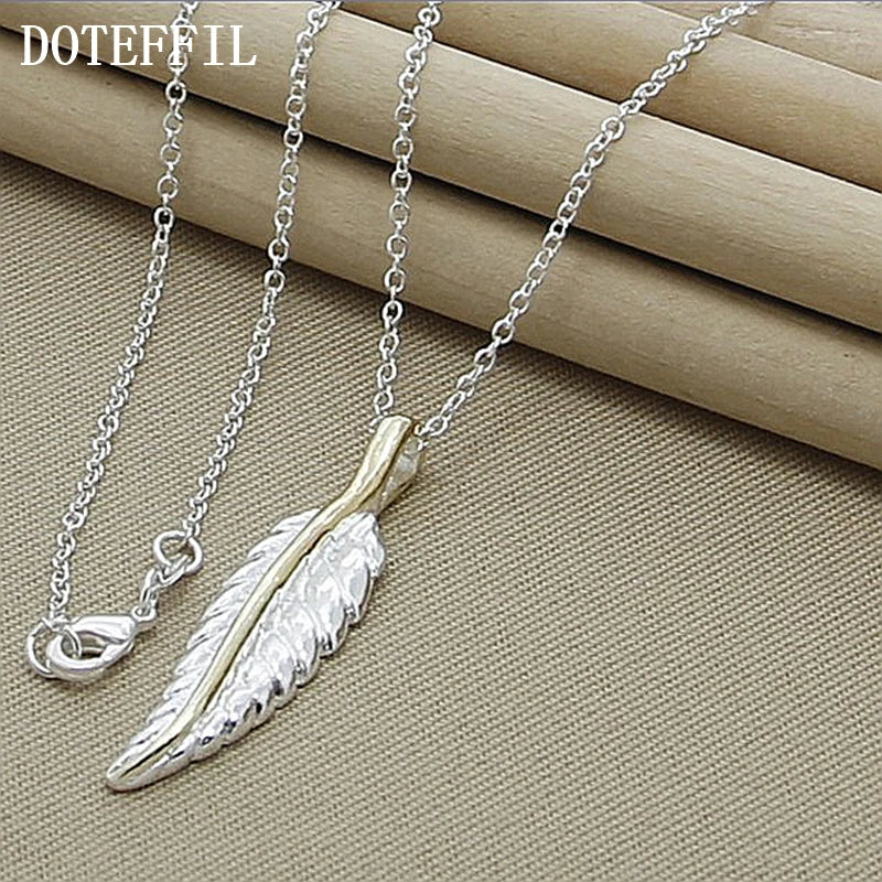 925 Silver Leaves Feather Necklace 18 Inch Chain Women Wedding Engagement Charm