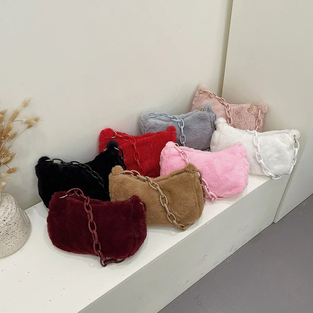 Small Plush Shoulder Bags for Women Zipper Handbags