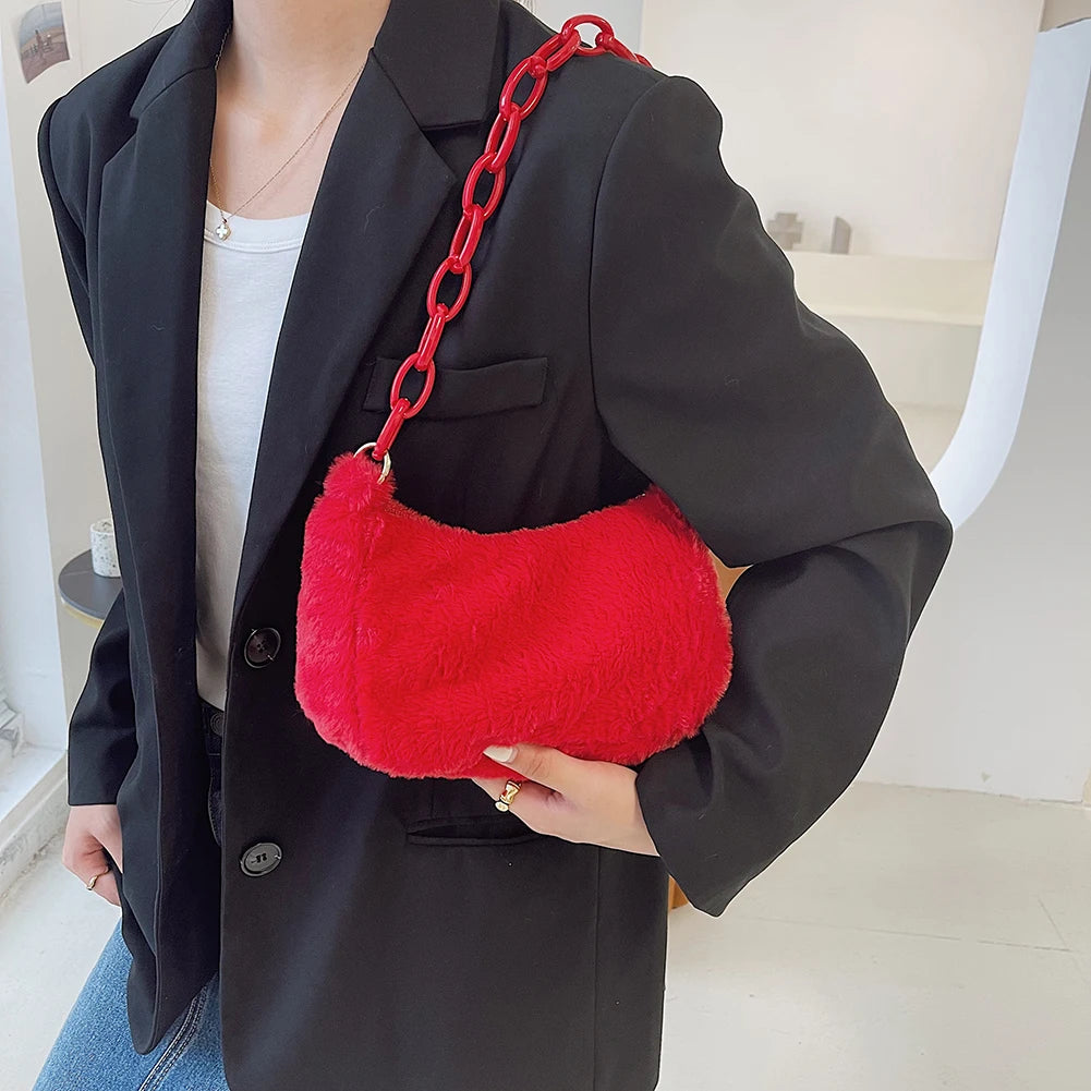 Small Plush Shoulder Bags for Women Zipper Handbags